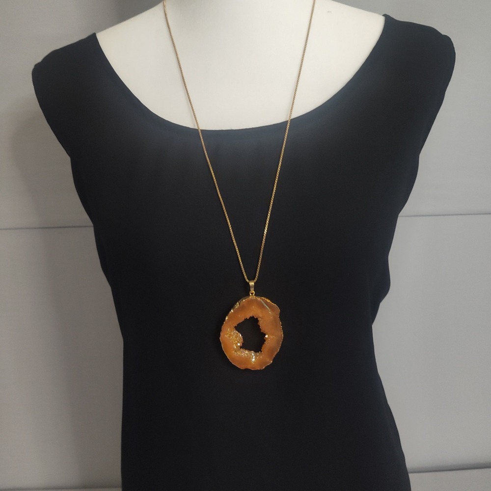 Gold Tone Geode Slice Druzy Pendant Necklace Amber Brown Bohemian Statement